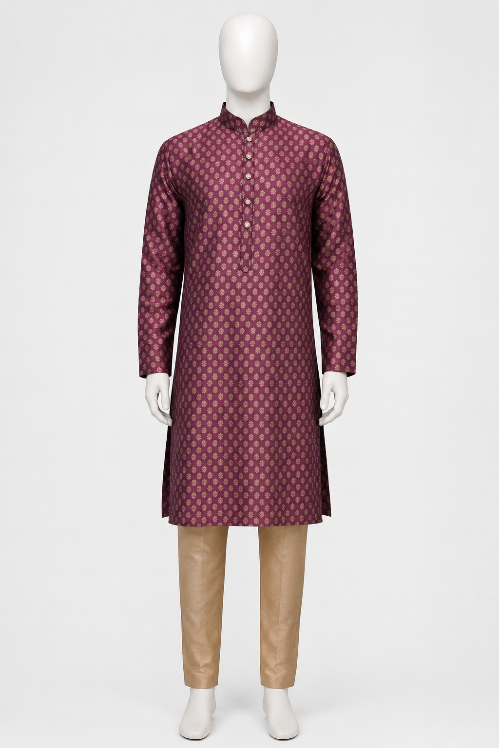 Wonderful Wine Color Jacquard With Printed Work Kurta Suits For Men
