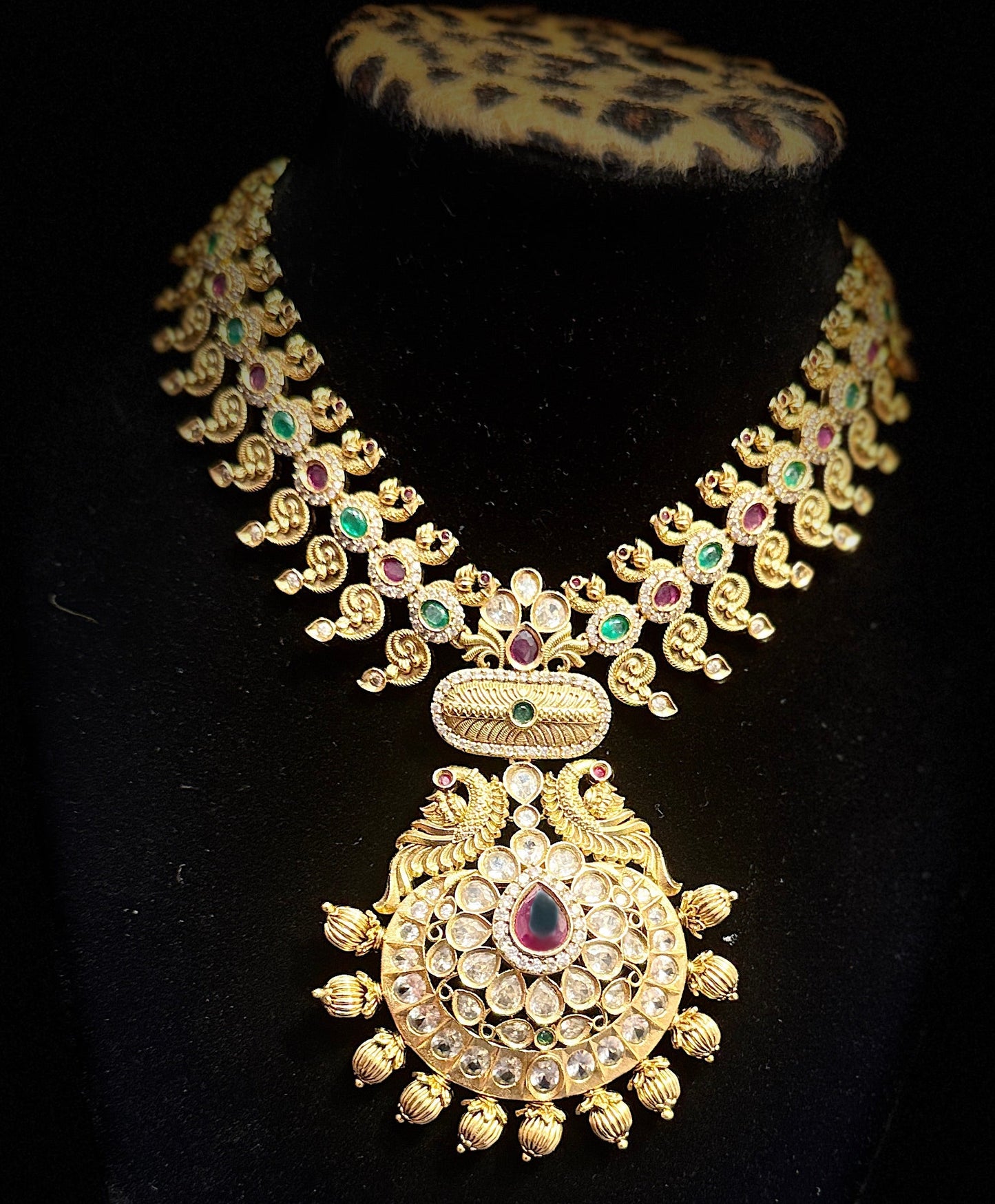 Pretty Dark Pink And Green Color Stones Gold Plated Designer Set With Earrings