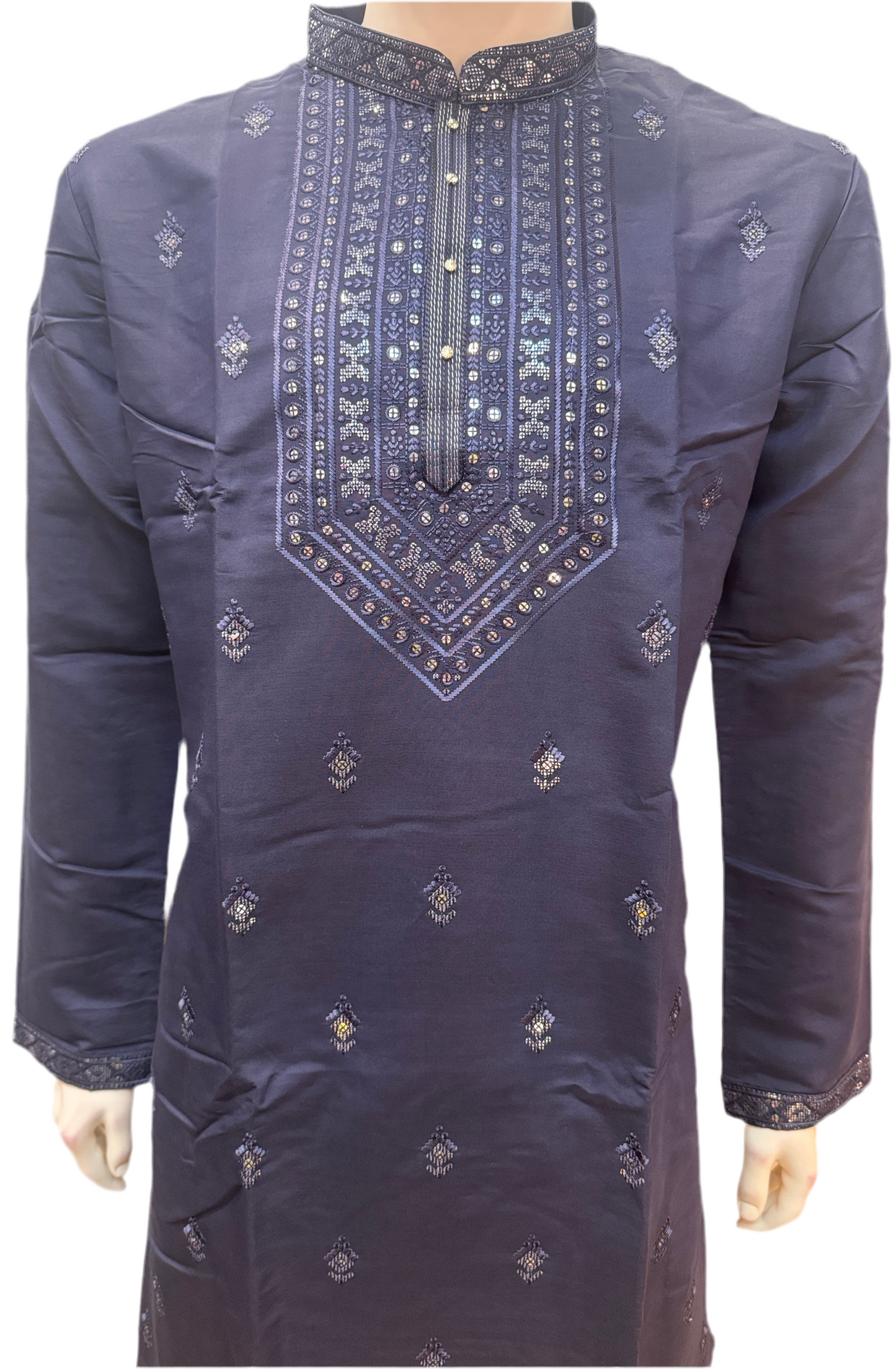 Charming Navy Blue Color With Cotton Embroidery Work Kurta Suits For Men