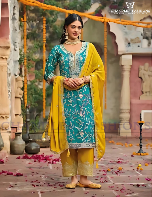 Attractive Blue Color Chinon Embroidery Work Palazzo Suits With Dupatta
