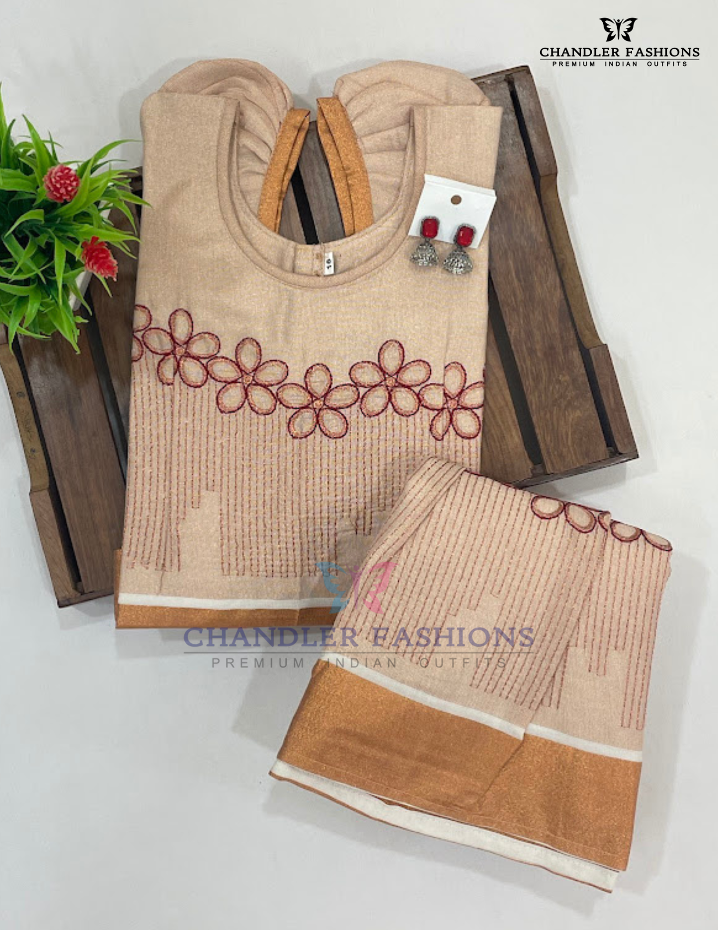 Copper Color Silk Langa Set With Earrings In USA