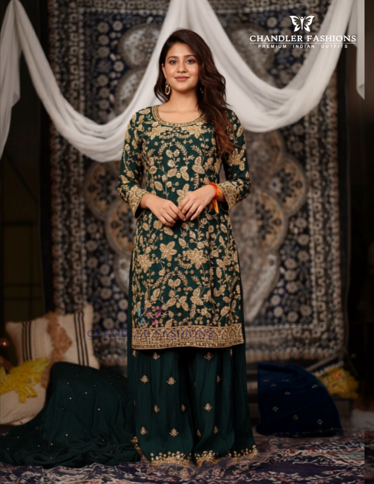 Dark Green Color Chinon With Embroidery Work Sharara Suits With Dupatta Near Me