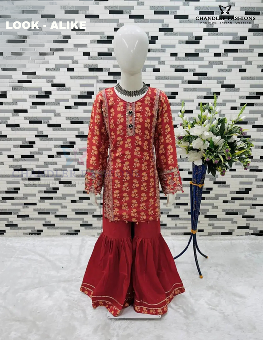 Attractive Red Color Chinon With Embroidery Sequins Work With Fancy Button Sharara Suits For Girls