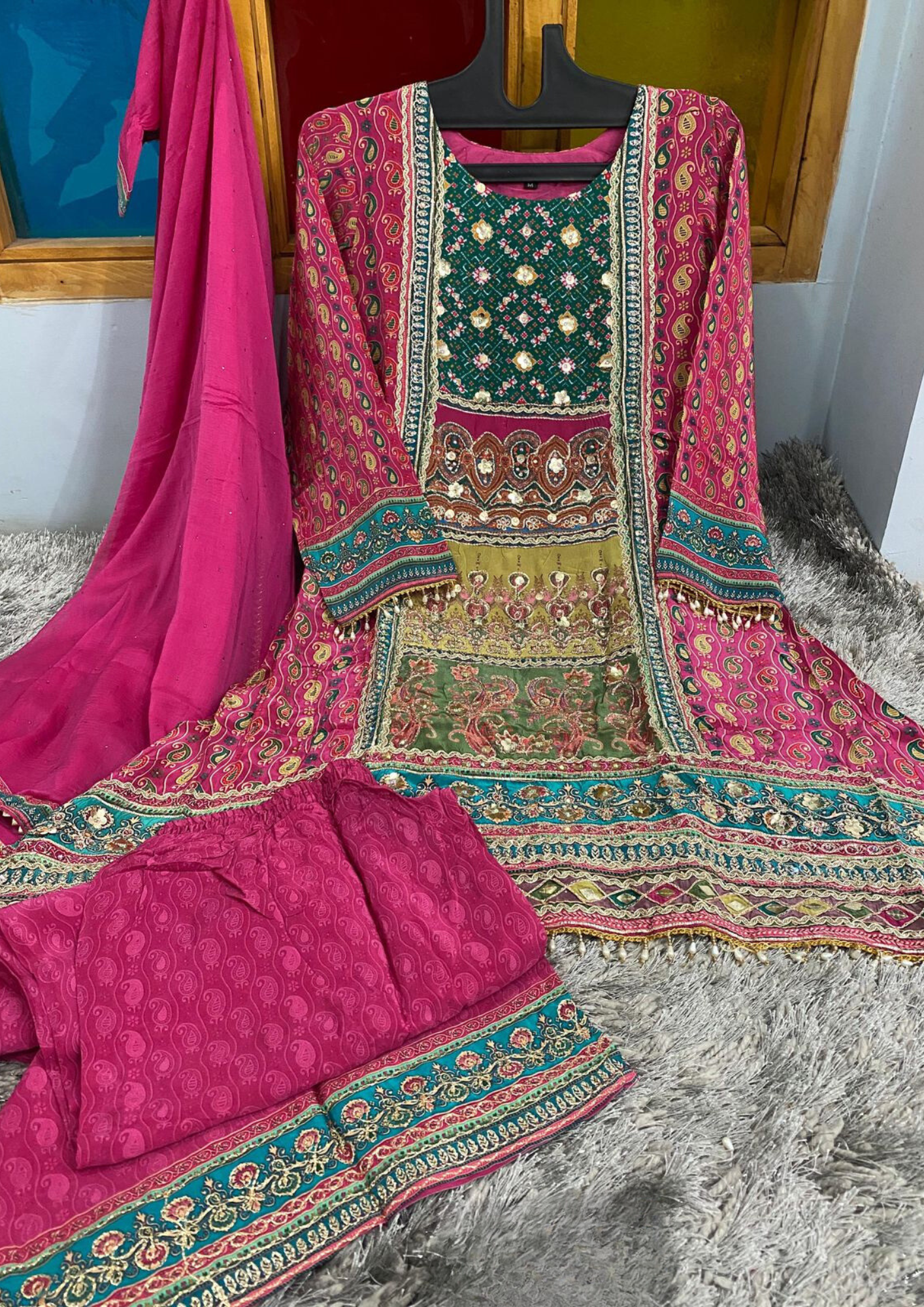 Elegant Pink Color Embroidery And Mirror Work Palazzo Suits With Dupatta For Women