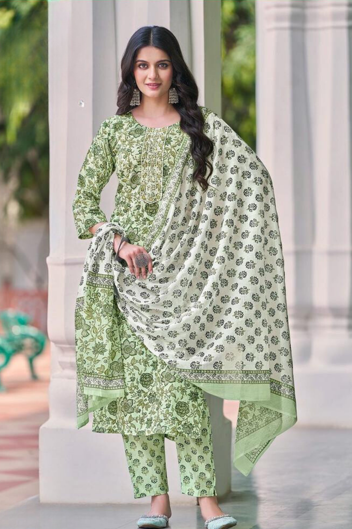 Alluring Light Green Color Cotton Salwar Suits With Printed Work