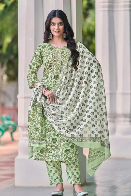 Alluring Light Green Color Cotton Salwar Suits With Printed Work For Women