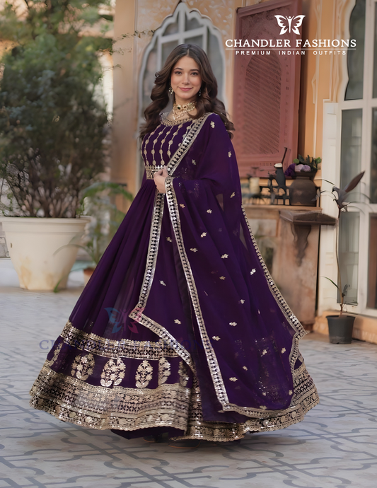 Beautiful Purple Color Faux Blooming With Embroidery Zari Sequins Work Gown