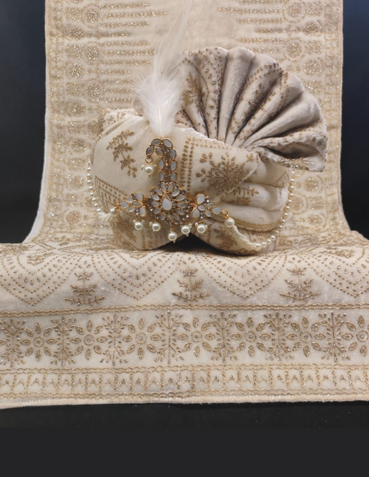 Beautiful Cream Color Wedding Turban With Fancy Dupatta With Beads For Men