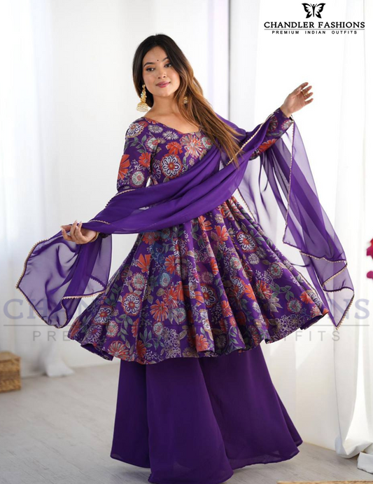 Beautiful Purple Color Soft Roman Silk Kurti And Palazzo With Dupatta