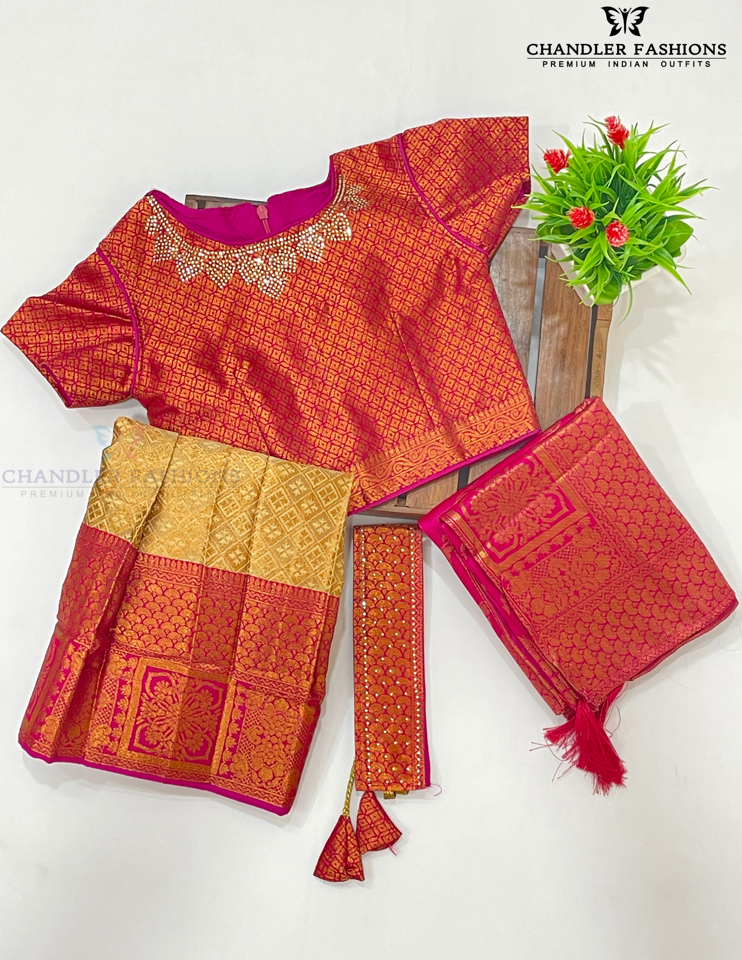 Pleasing Pink Color Art Silk Choli Sets With Stone Work And Belt Near Me