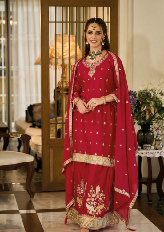 Charming Red Color Chinon Embroidery Front And Back Work Designer Palazzo Suits