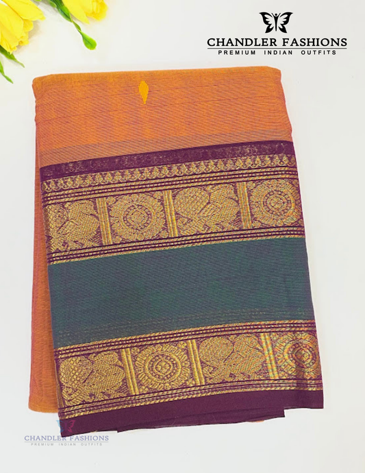 Amazing Orange Color Cotton Saree With Golden Zari Work For Women