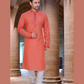 Attractive Orange Color Poly Cotton Lace Work Kurta Pajama Set For Men