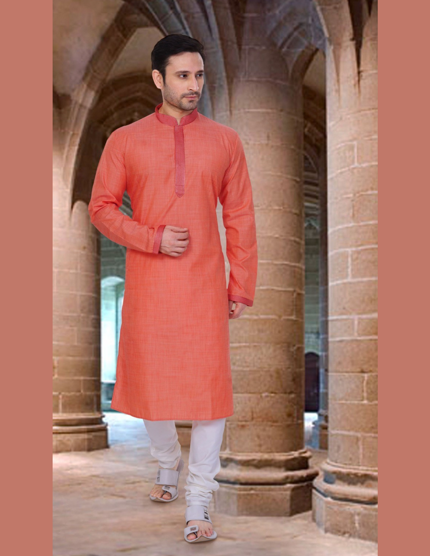 Attractive Orange Color Poly Cotton Lace Work Kurta Pajama Set For Men