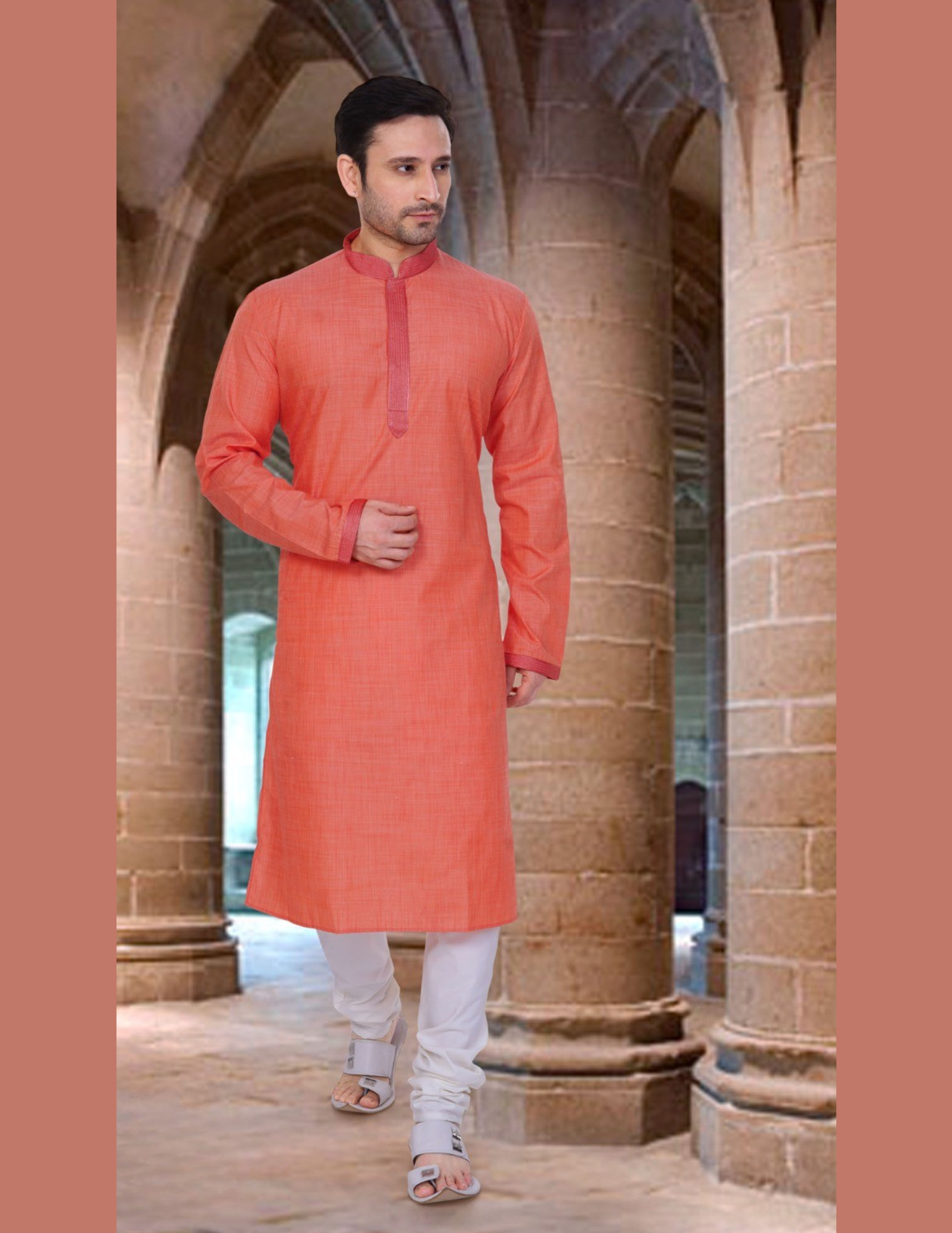 Attractive Orange Color Poly Cotton Lace Work Kurta Pajama Set For Men