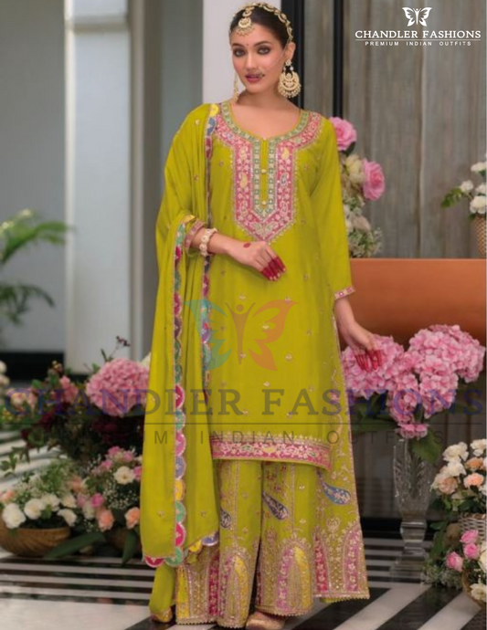 Alluring Green Color Chinon Embroidery Work Palazzo Suits With Dupatta