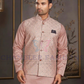 Pretty Peach Color Silk Mastani Kurta Mirror Work Jacket Set For Men Near Me 