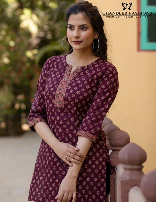 Attractive Wine Color Cotton With Printed Work Short Kurti For Women