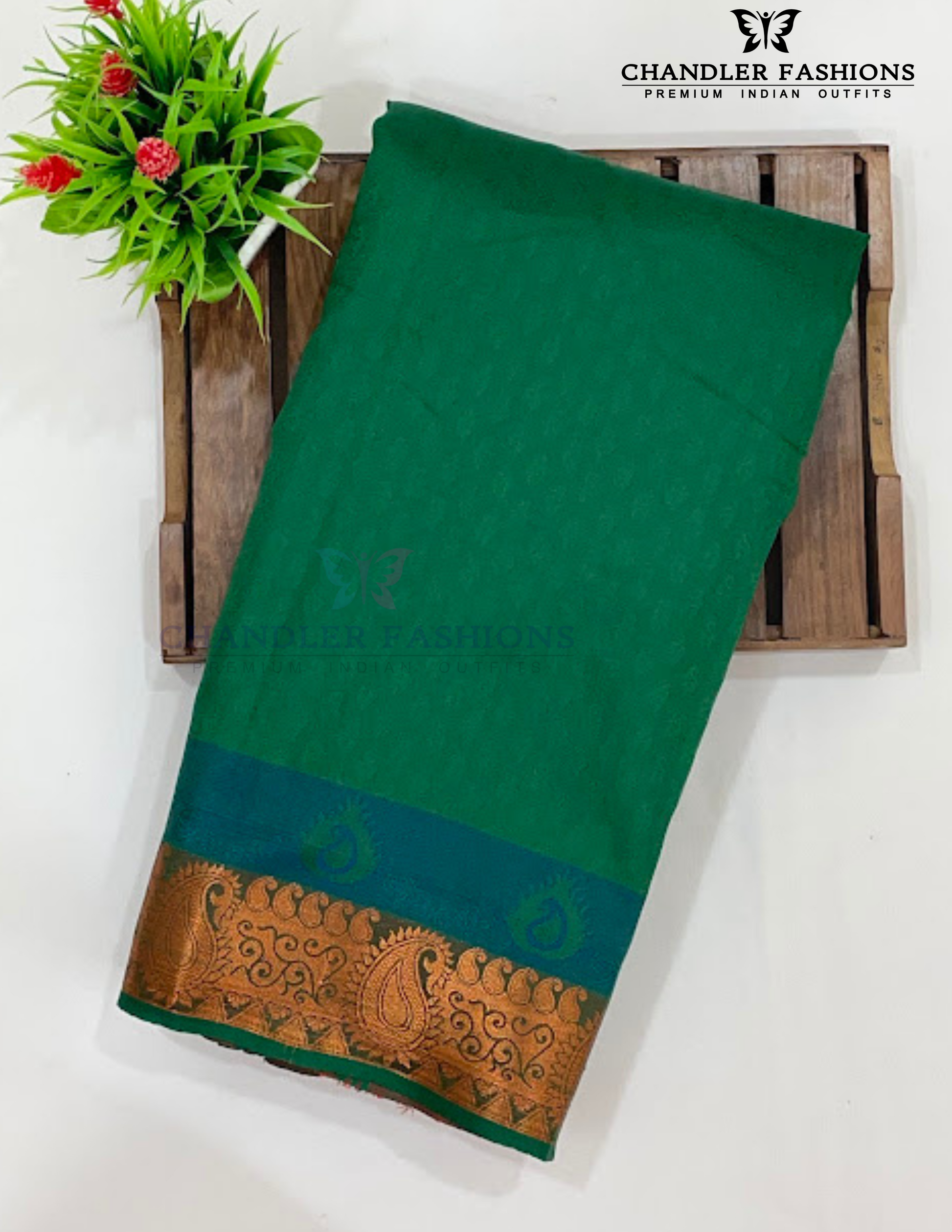 Pretty Green Color Pure Kanchi Silk Zari Border Work Saree Near Me