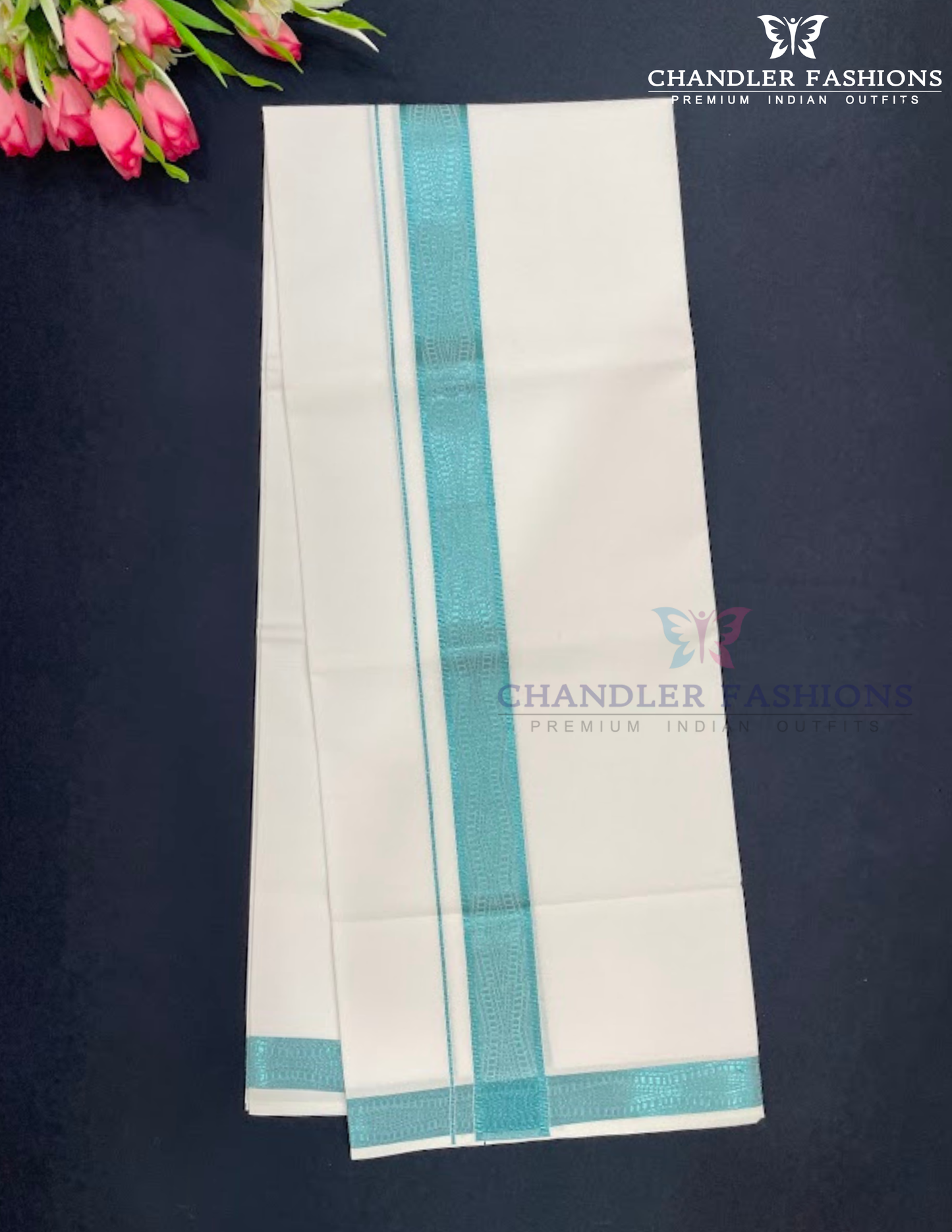 Appealing Men's White Color Cotton Dhoti With Light Blue Border Near Me