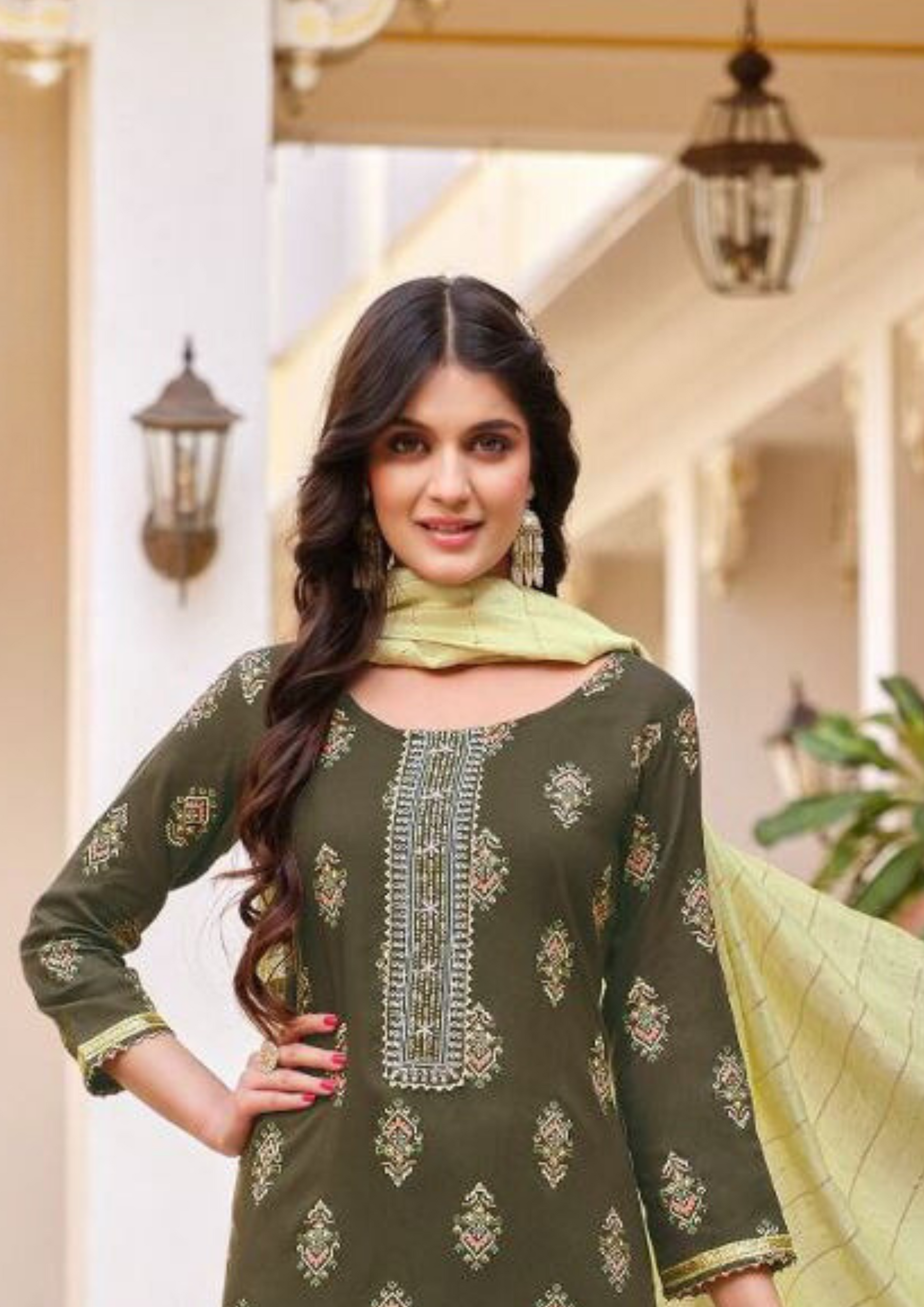 Menendi Green color Rayon With Classy Gold Print Fancy Embroidery Work Near Me