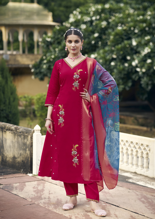 Attractive Pink Color Viscose Roman Silk With Sequence Thread Work Kurti Suit For Women