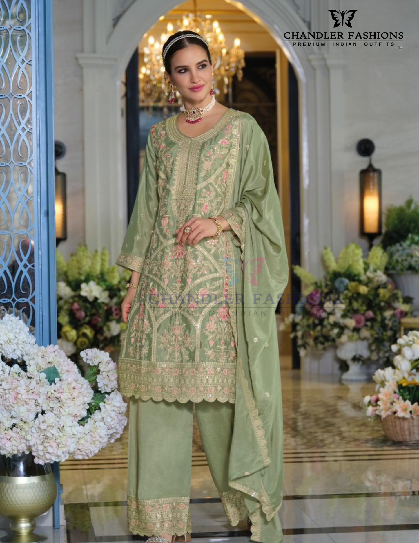 Amazing Light Green Color Embroidery Work Kurti With Palazzo Pant Set For Women