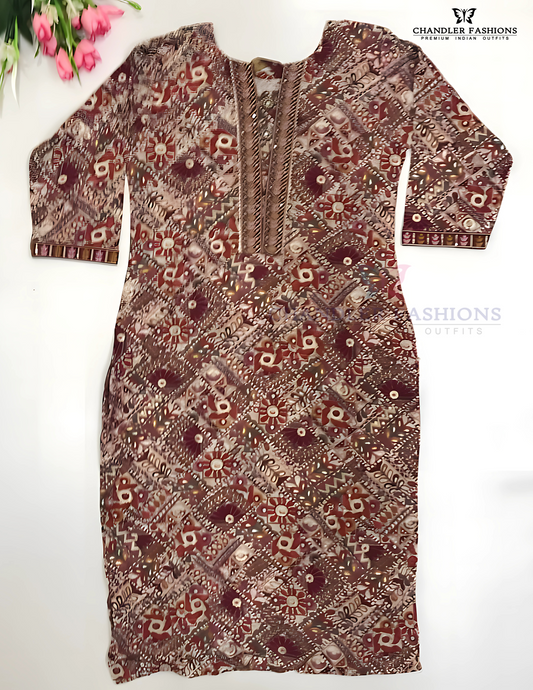 Elegant Multicolor Rayon With Embroidery And Sequins Work Kurti For Girls