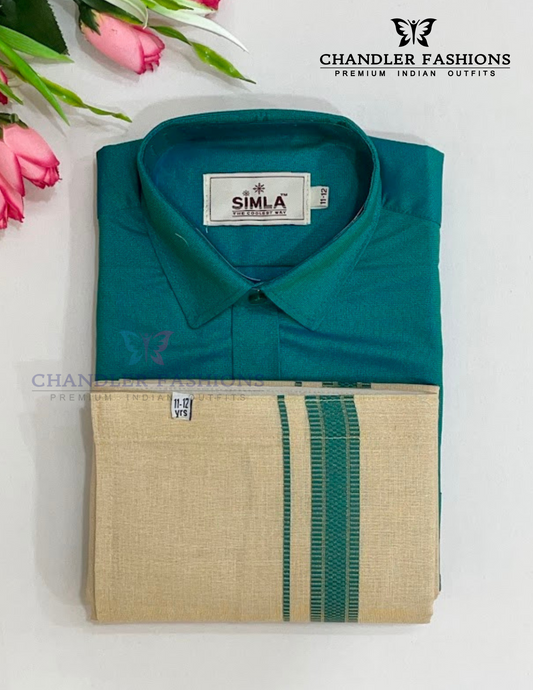 Charming Green Color Cotton Shirt With Tissue Zari Work Dhoti Set For Kids