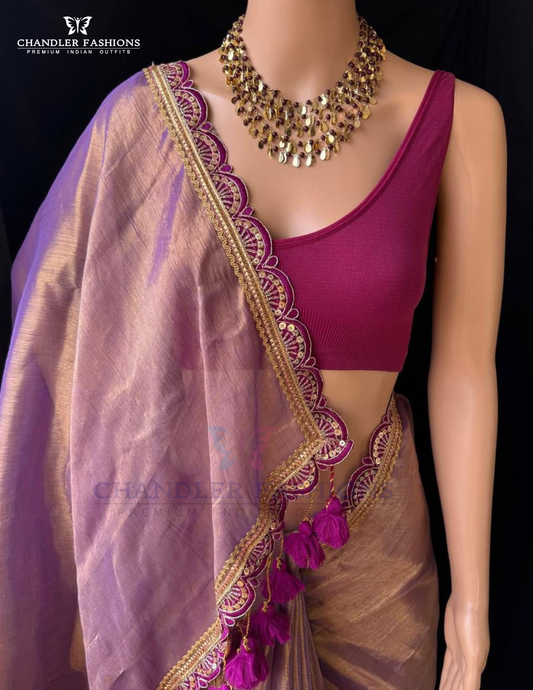 Attractive Lavender Color Tissue Silk Saree For Women