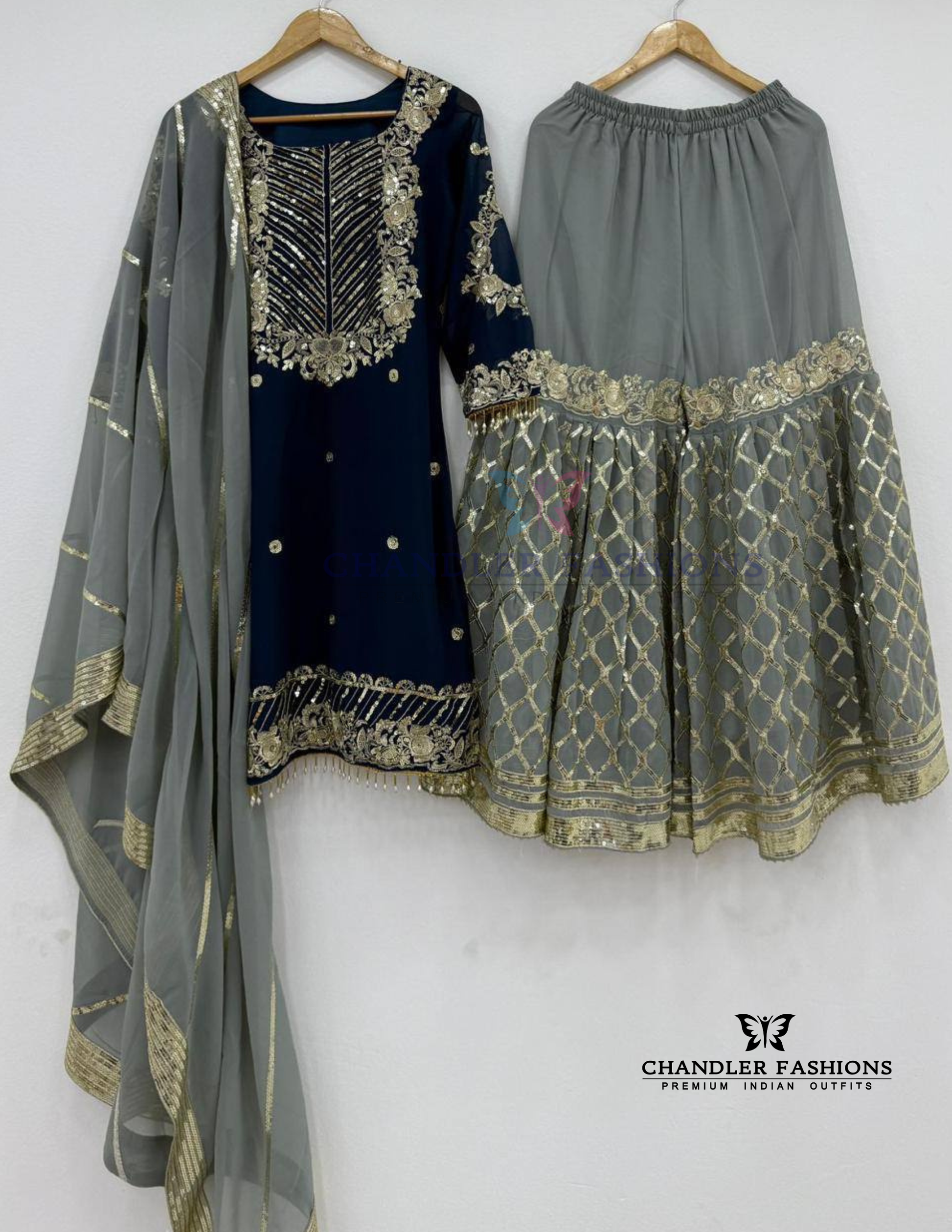 Blue Color Georgette With Embroidered Sequins Work Sharara Suits In Yuma