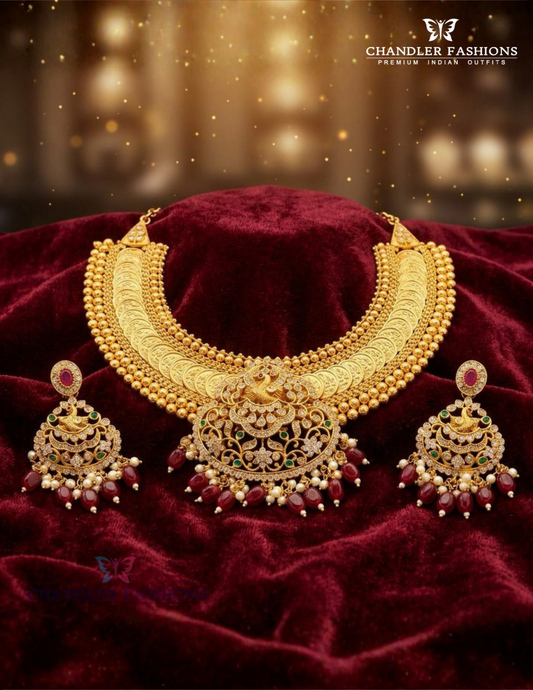 Elegant Temple Style Gold Plated Peacock Necklace Set With Earrings For Women