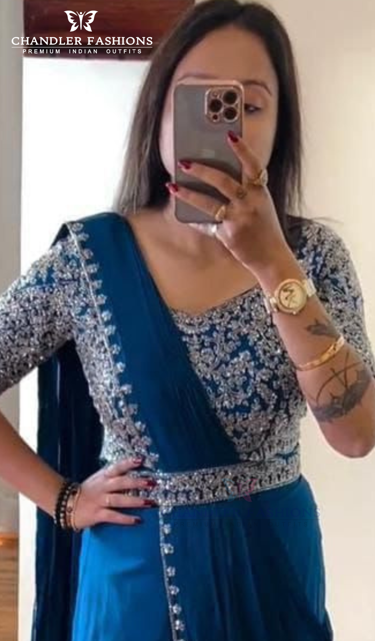 Stunning Teal Blue Colored Chinon Ready To Wear Saree Near Me