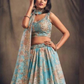 Beautiful Light Blue Color Rose Printed and Golden Zari Lehenga With Dupatta Set Near Me