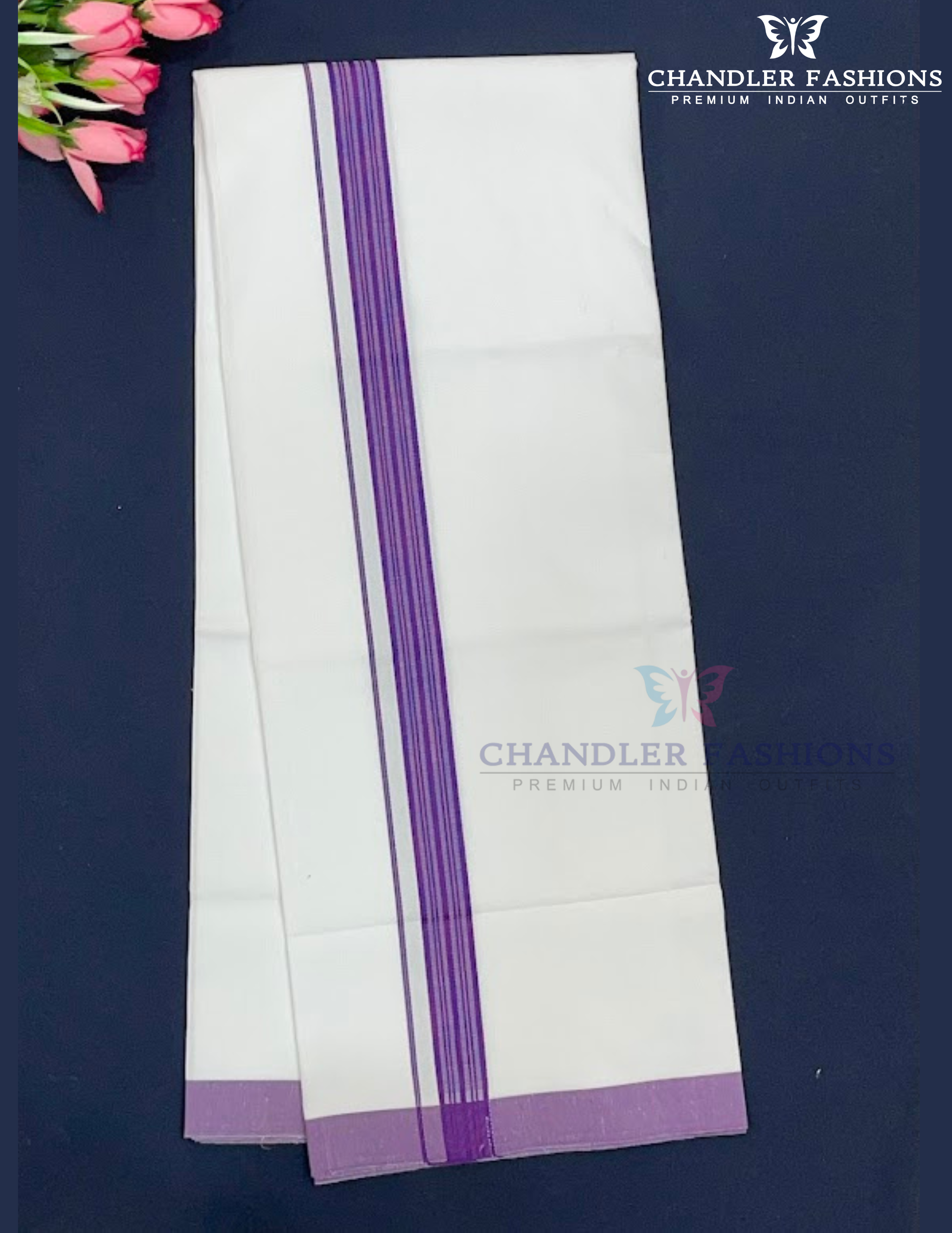 Attractive Men's White Color Cotton Dhoti With Violet Border Near Me