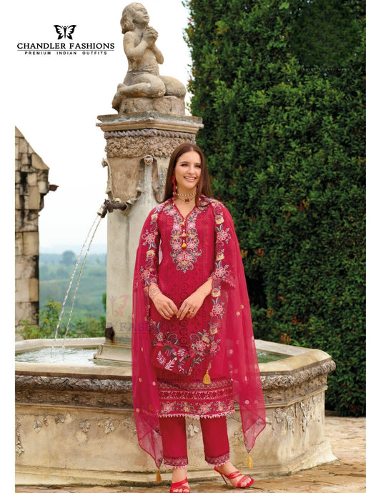Fanciable Red Color Organza With Embroidery Work Salwar Suits For Women