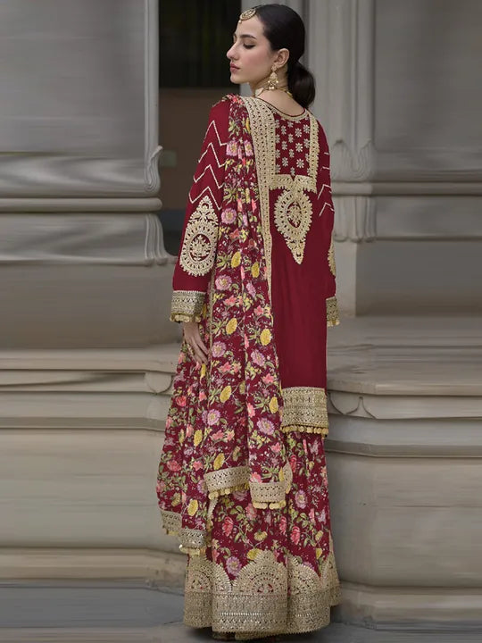 Attractive Maroon Color Heavy Chinon with Embroidery Work Sharara Suits With Dupatta In Near Me