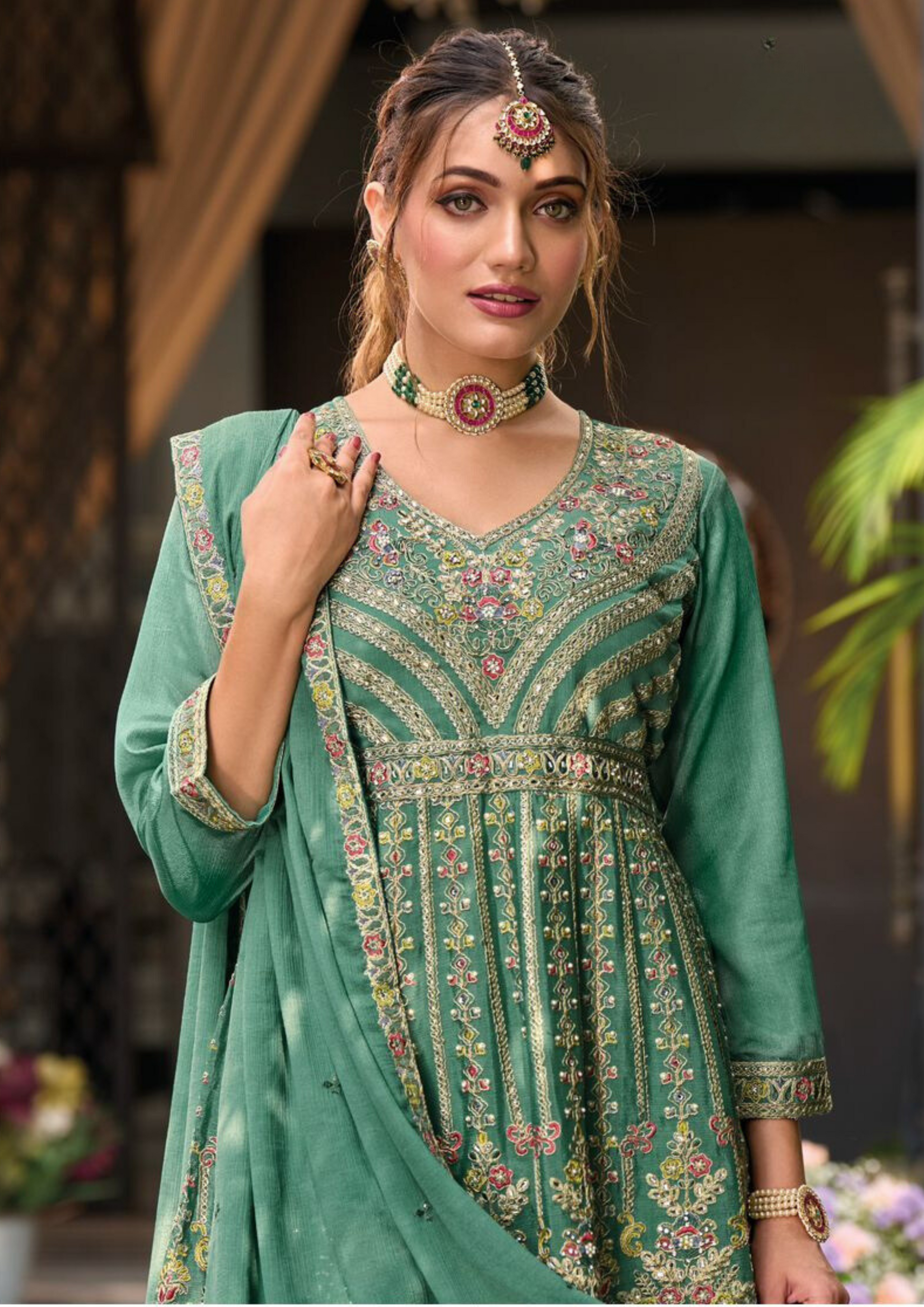 Attractive Green Color Heavy Chinon With Embroidery Work Sharara Suits Near Me