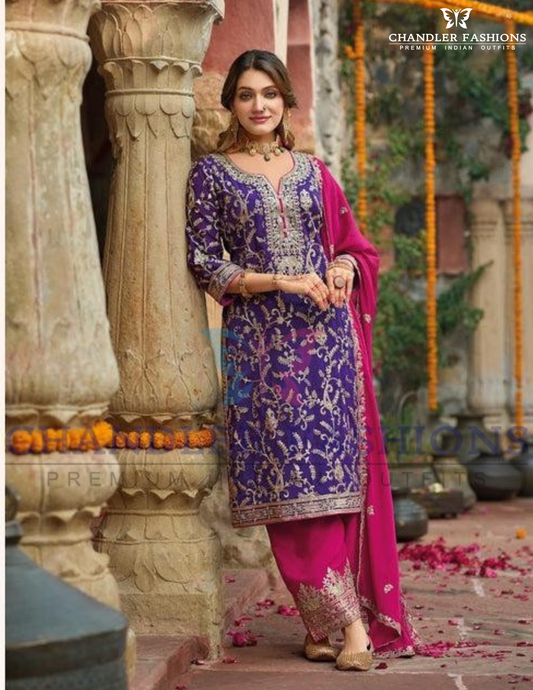 Elegant Purple Color Chinon Embroidery Work Palazzo Suits With Dupatta