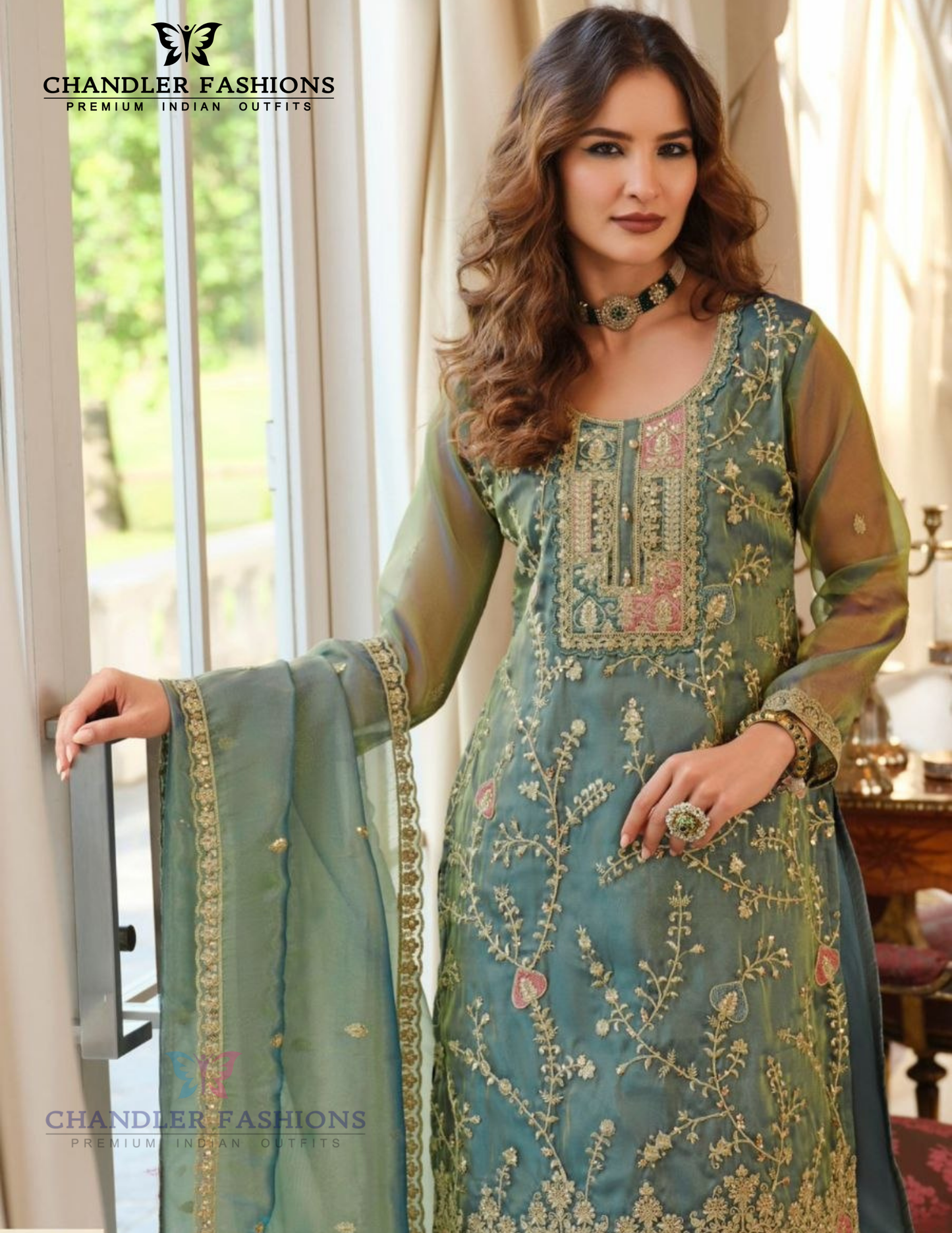 Alluring Teal Green Color Shimmer With Embroidery Work Palazzo Suits For Women
