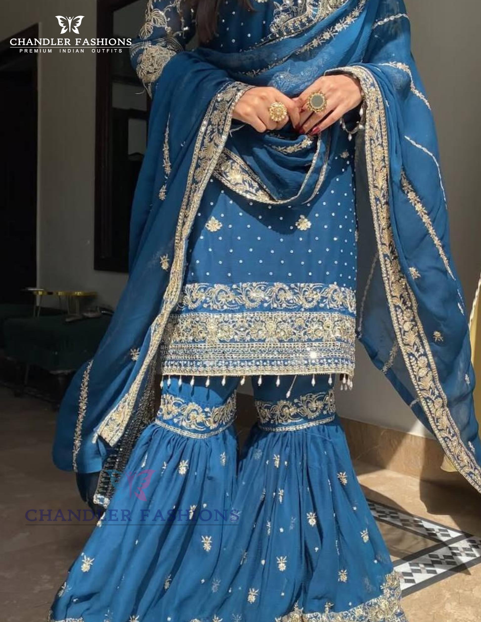 Appealing Blue Color Georgette Palazzo Suits With Embroidery Work In USA