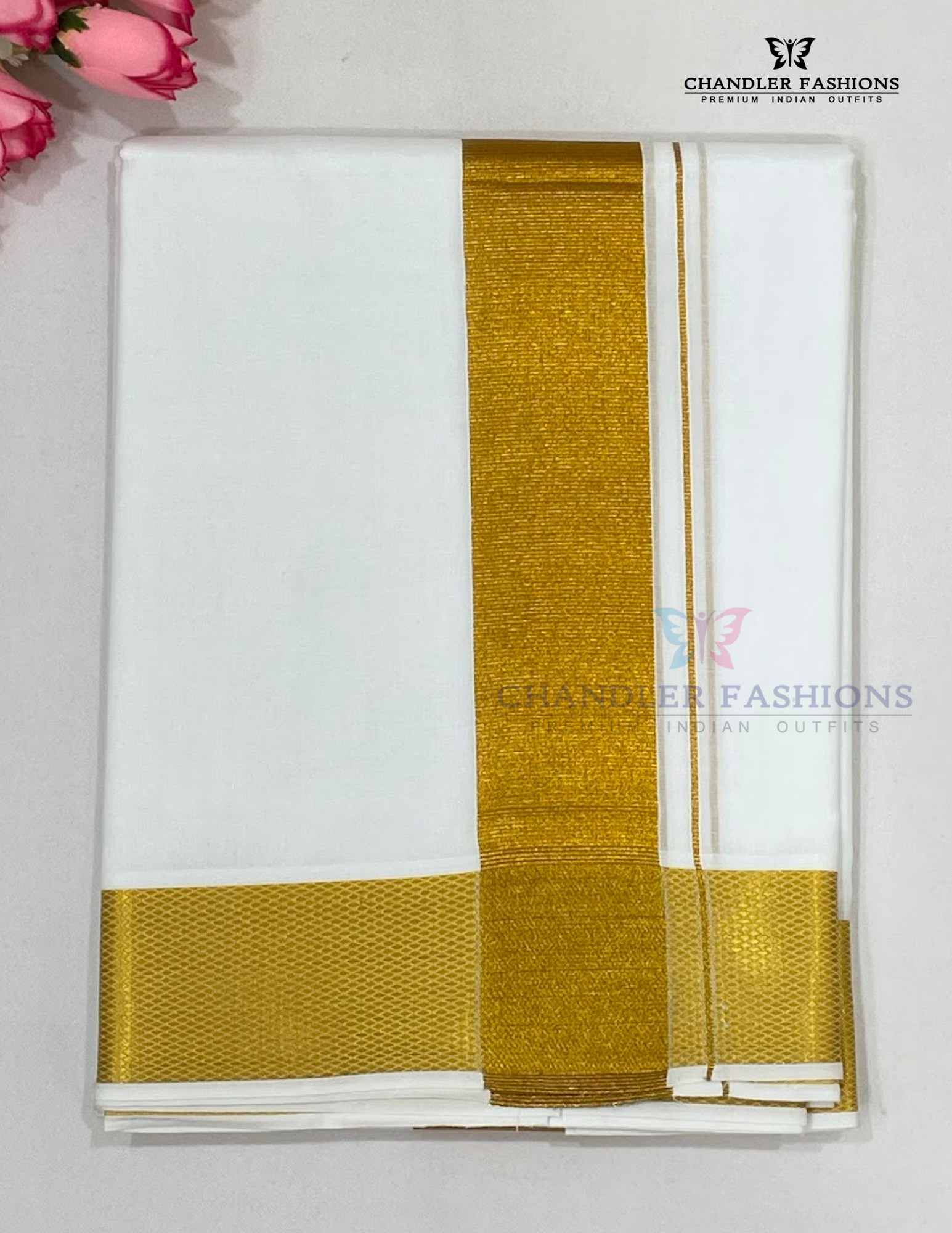 Wonderful Premium White Color Dhoti With Dark Gold Zari Border For Men