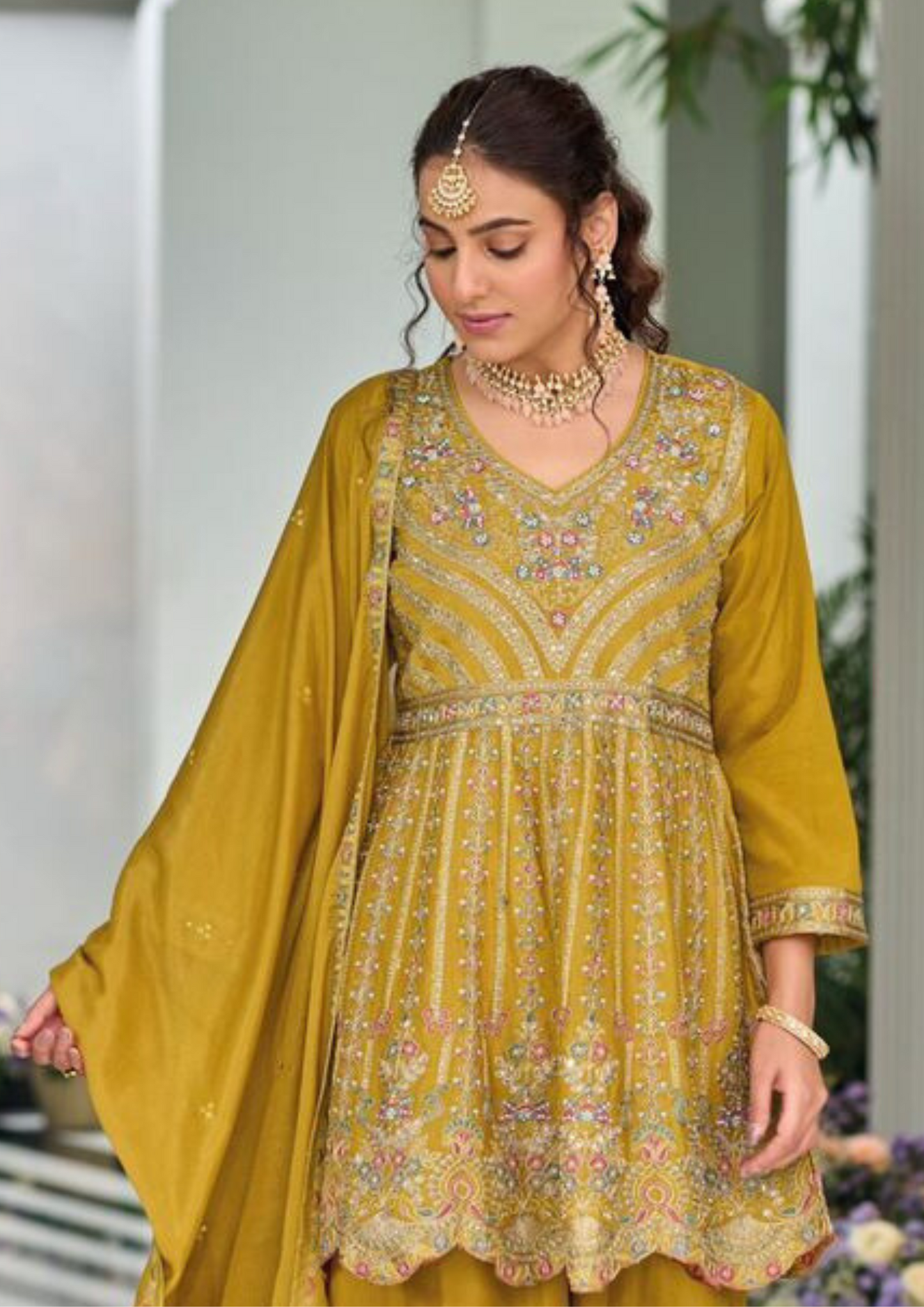 Elegant Yellow Color Heavy Chinon With Embroidery Work Sharara Suits Near Me