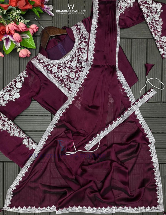 Beautiful Wine Color Heavy Rangoli Ready To Wear Saree For Women