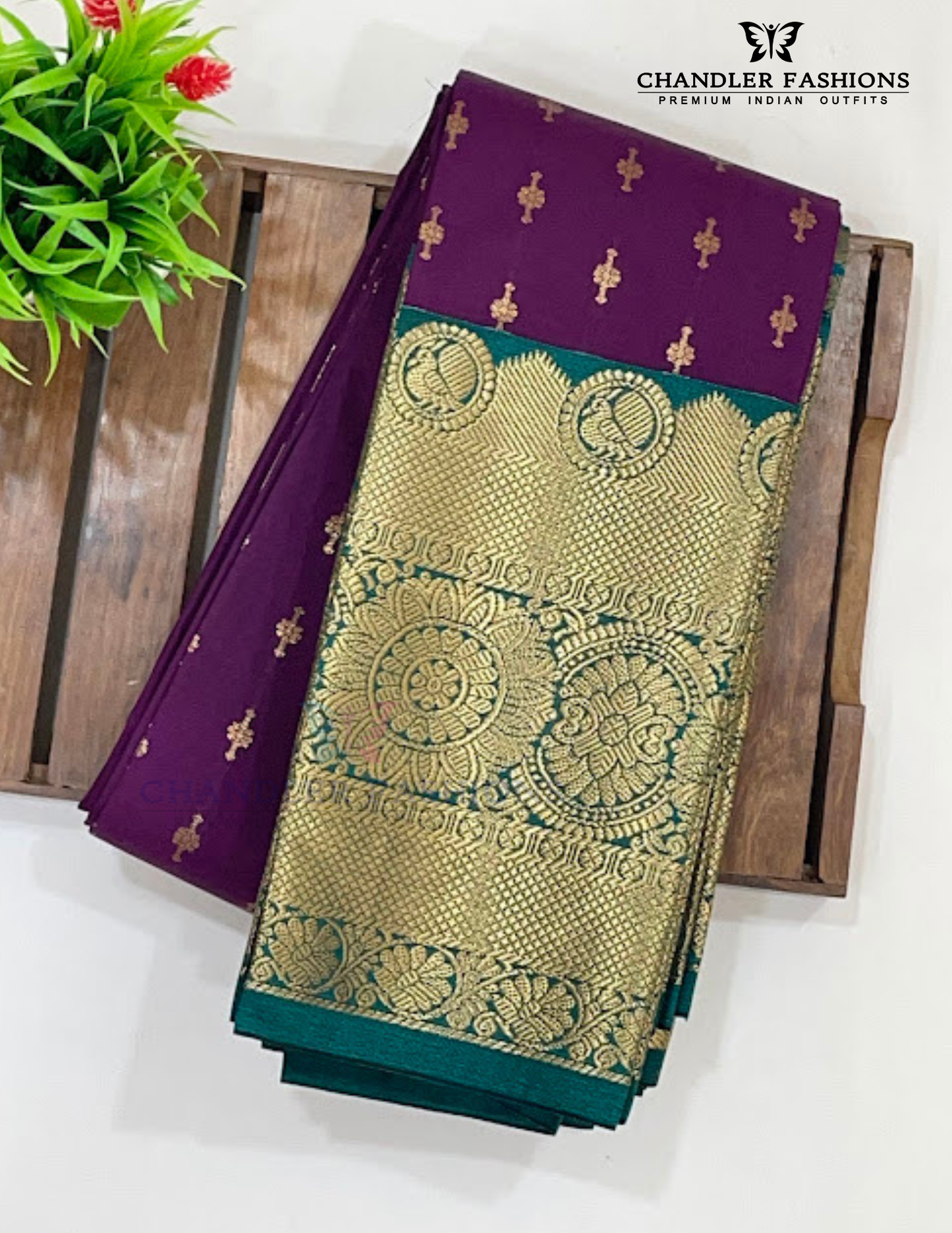 Dark Purple Color Pure Kanchi Silk With Green Color Traditonal Motifs Border And Gold Zari Work Saree In USA