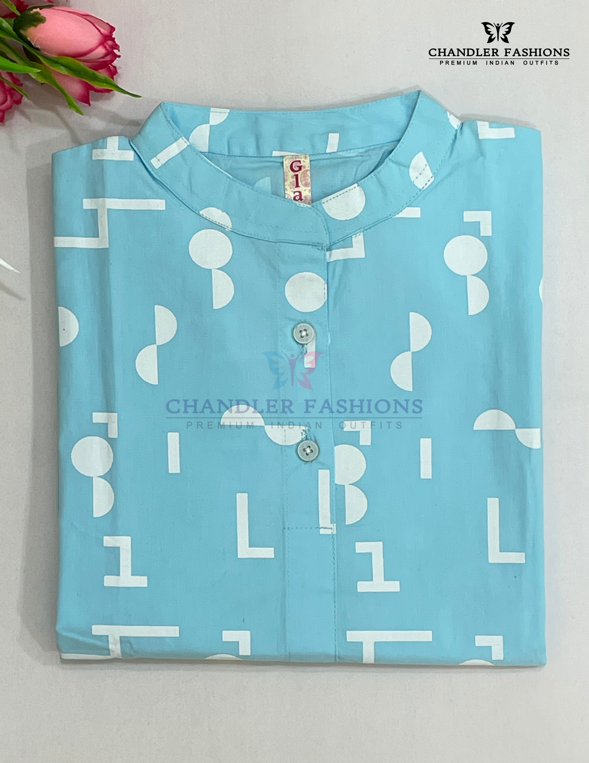 Alluring Sky Blue Colored Cotton Printed Work Kurti In Chandler