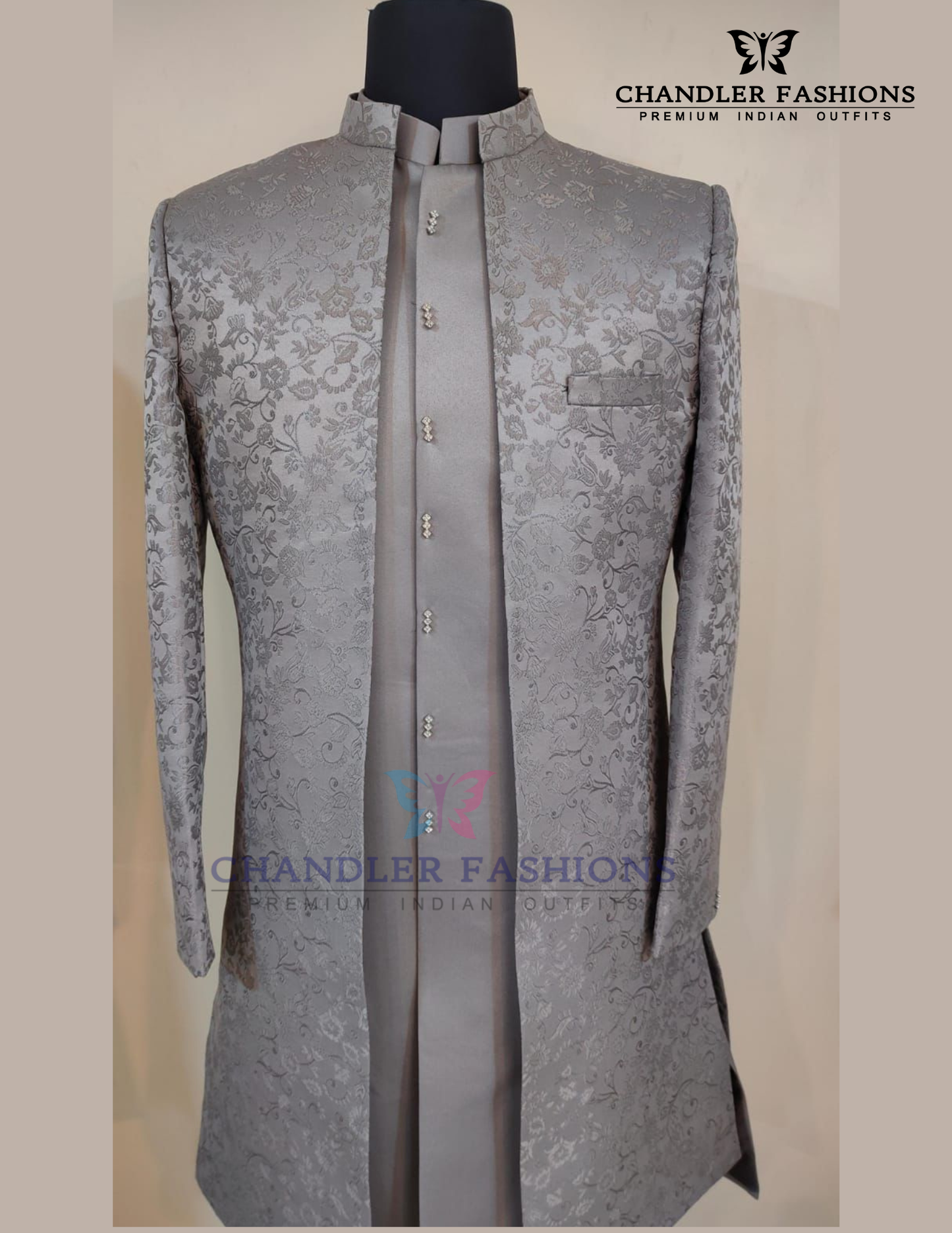 Pleasing Silver Gray Color Jacquard With Hand Embroidery Work Sherwani Suit For Men - PREMIUM QUALITY