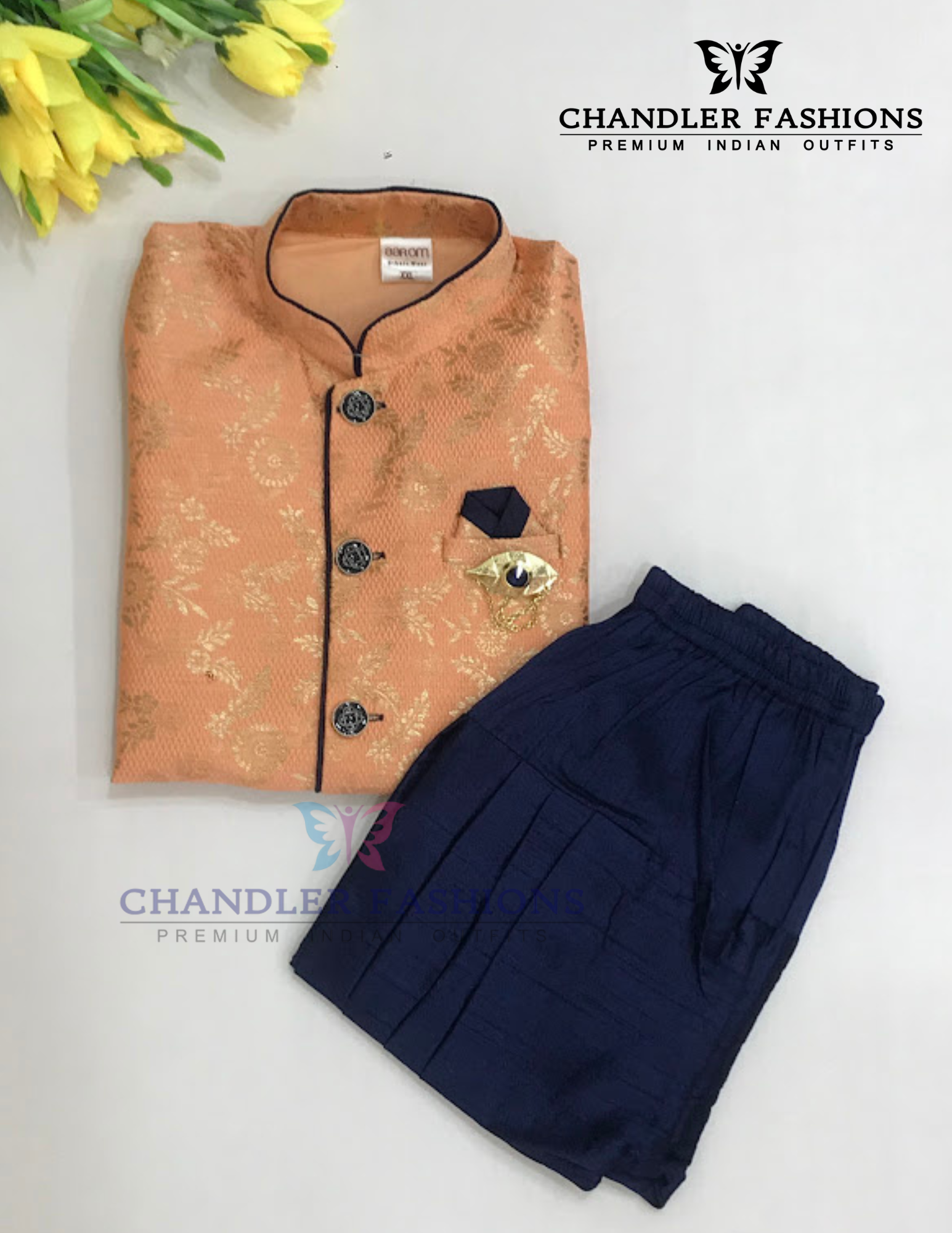 Light Orange Color Silk Cotton Sherwani Suit With Brooch Pin Near Me