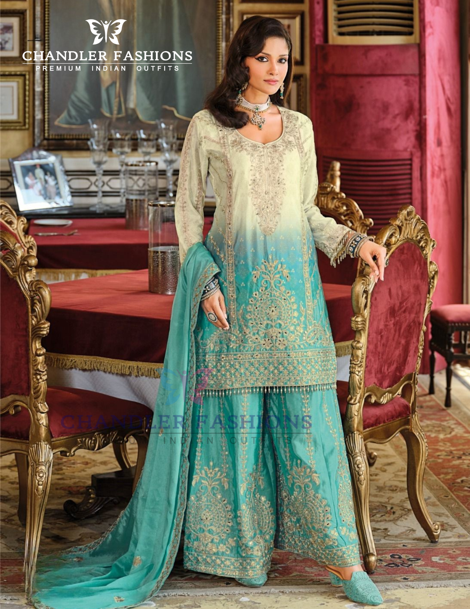 Sea Green Color Chinon With Digital Print And Embroidery Work Palazzo Suits Near Me