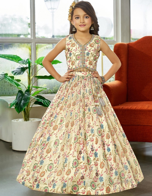 Lovely Cream Color Silk Cutdana And Sequins Work Choli Set For Girls